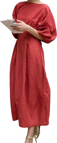 oshoplive Women's Vintage Linen Midi Dress Puff Sleeves Crew Neck Empire Waist Casual Dresses with Pockets in Saudi Arabia