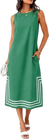 Womens Boho Linen Maxi Dress Sleeveless Split Sundress Color Block A-Line Coverups Beach Vacation Dress with Pockets in Saudi Arabia