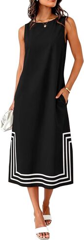 Womens Boho Linen Maxi Dress Sleeveless Split Sundress Color Block A-Line Coverups Beach Vacation Dress with Pockets in Saudi Arabia