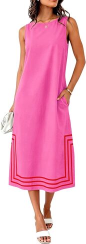 Womens Boho Linen Maxi Dress Sleeveless Split Sundress Color Block A-Line Coverups Beach Vacation Dress with Pockets in Saudi Arabia
