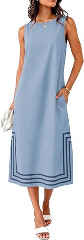 Womens Boho Linen Maxi Dress Sleeveless Split Sundress Color Block A-Line Coverups Beach Vacation Dress with Pockets in Saudi Arabia