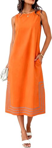 Womens Boho Linen Maxi Dress Sleeveless Split Sundress Color Block A-Line Coverups Beach Vacation Dress with Pockets in Saudi Arabia