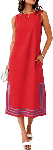 Womens Boho Linen Maxi Dress Sleeveless Split Sundress Color Block A-Line Coverups Beach Vacation Dress with Pockets in Saudi Arabia