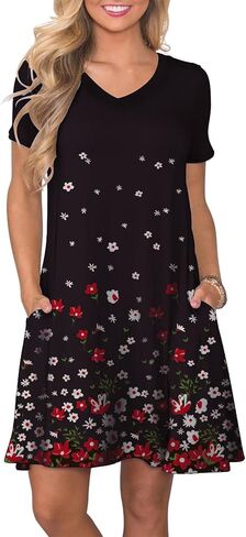 COSSEN Women's Casual T Shirt Dress V-Neck Short Sleeves Swing Dresses Birthday Party Summer Travel Beach with Pocket in Saudi Arabia
