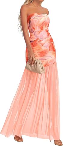 KIRUNDO Wedding Guest Dresses for Women 2026 Summer Strapless Bodycon Floral Maxi Mesh Tulle Hem Cocktail Party Formal Dress in Saudi Arabia