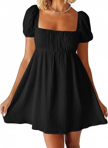 Women Puff Sleeve Bobydoll Dress Sundress Flowy Square Neck Swing Mini Dress Beach Going Out Dresses in Saudi Arabia