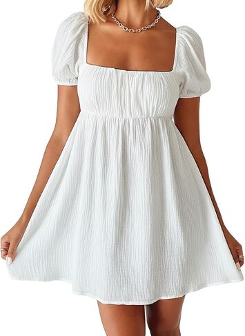 Women Puff Sleeve Bobydoll Dress Sundress Flowy Square Neck Swing Mini Dress Beach Going Out Dresses in Saudi Arabia