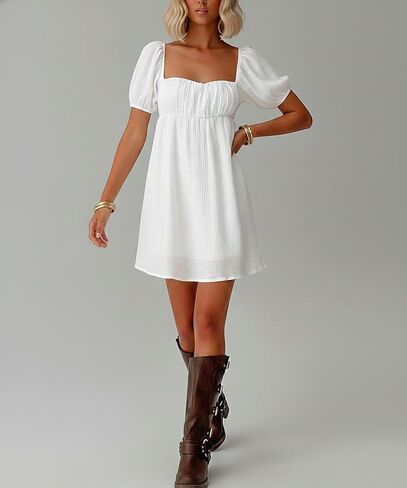 Women Puff Sleeve Bobydoll Dress Sundress Flowy Square Neck Swing Mini Dress Beach Going Out Dresses in Saudi Arabia