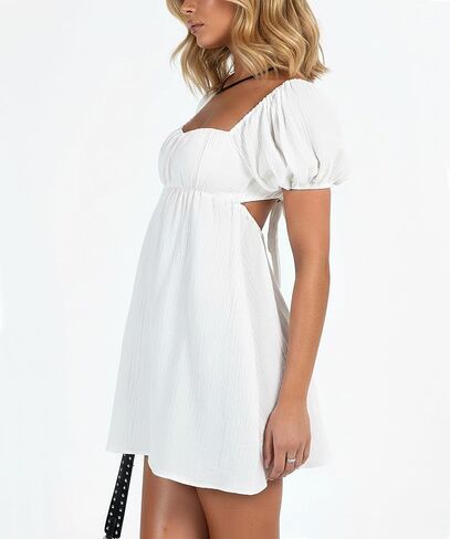 Women Puff Sleeve Bobydoll Dress Sundress Flowy Square Neck Swing Mini Dress Beach Going Out Dresses in Saudi Arabia