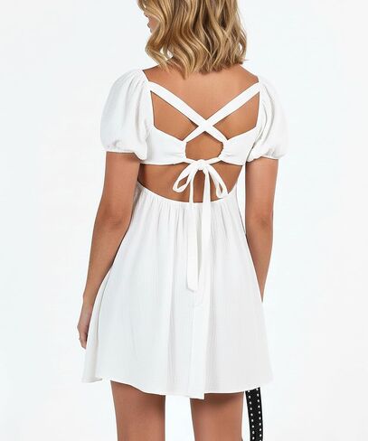 Women Puff Sleeve Bobydoll Dress Sundress Flowy Square Neck Swing Mini Dress Beach Going Out Dresses in Saudi Arabia