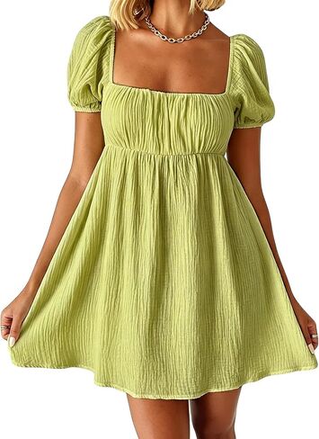 Women Puff Sleeve Bobydoll Dress Sundress Flowy Square Neck Swing Mini Dress Beach Going Out Dresses in Saudi Arabia