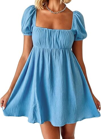 Women Puff Sleeve Bobydoll Dress Sundress Flowy Square Neck Swing Mini Dress Beach Going Out Dresses in Saudi Arabia
