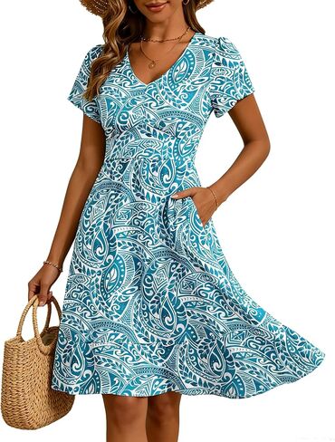 Kranda Women 2026 Summer V-Neck Casual Beach Sundress Empire Waist Short Flutter Sleeve Ruffle Floral Midi Dress with Pockets in Saudi Arabia
