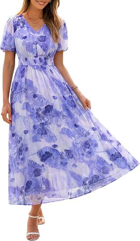 Simplee Womens Summer Floral Maxi Dress Spring Wedding Guest Puff Short Sleeve Chiffon Long Flowy Beach Dresses in Saudi Arabia