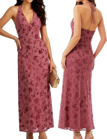 Women's Semi Formal Cocktail Halter Maxi Dress, Sleeveless Backless Flowing Elegant Wedding Guest Prom Dress in Saudi Arabia