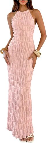OYOANGLE Women's Textured Halter Maxi Dress Backless Sleeveless Bodycon Long Sundress for Beach Vacation Cocktail Party in Saudi Arabia