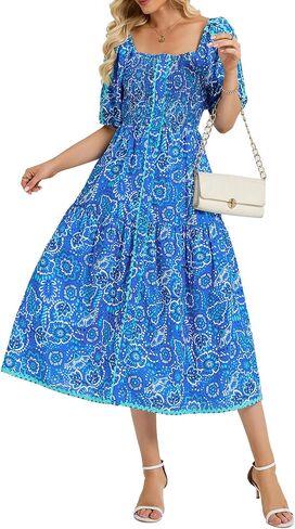 EZAPINE Women's 2026 Summer Boho Floral Print Dress Square Neck Ruffle Swing Beach Vacation Long Maxi Dresses in Saudi Arabia