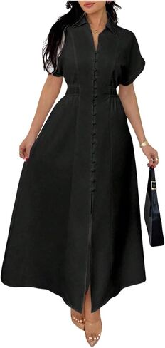 OYOANGLE Women's Short Sleeve Button Up Long Shirtdress Ruched Collar Business Casual Dress in Kuwait