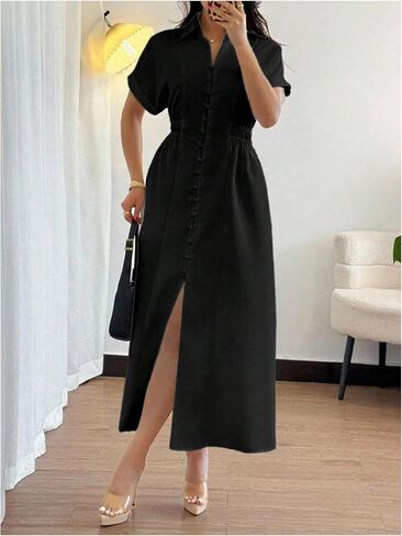 OYOANGLE Women's Short Sleeve Button Up Long Shirtdress Ruched Collar Business Casual Dress in Kuwait