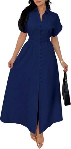 OYOANGLE Women's Short Sleeve Button Up Long Shirtdress Ruched Collar Business Casual Dress in Saudi Arabia