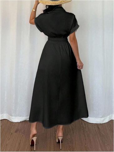 OYOANGLE Women's Short Sleeve Button Up Long Shirtdress Ruched Collar Business Casual Dress in Kuwait