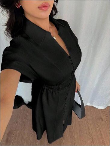 OYOANGLE Women's Short Sleeve Button Up Long Shirtdress Ruched Collar Business Casual Dress in Kuwait