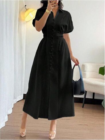 OYOANGLE Women's Short Sleeve Button Up Long Shirtdress Ruched Collar Business Casual Dress in Kuwait