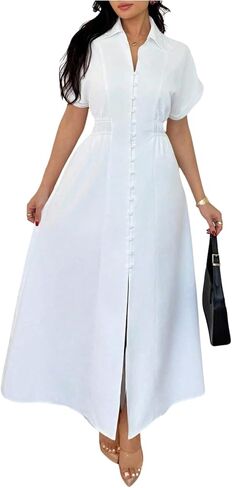 OYOANGLE Women's Short Sleeve Button Up Long Shirtdress Ruched Collar Business Casual Dress in Kuwait