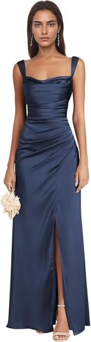 Women's Long Bridesmaid Dresses Satin - Suqare Neck Sleeveless Tight Formal Evening Gowns Pleated Prom Party Dress in Saudi Arabia