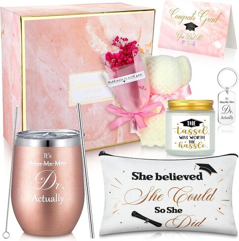 Jingmore 8 Pcs Graduation Gift Set for Women, Including Tumbler, Makeup Bag, Soy Candle, Keychain, Bear Towel, Greeting Card and Gift Box, Graduation Presents for Her (Masters Degree) in Saudi Arabia