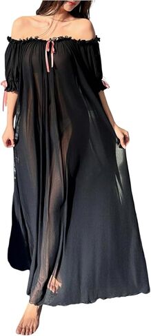 OYOANGLE Women's Off the Shoulder Sheer Nightgowns Bow Short Puff Sleeve Maxi Nightdress Sleepwear in Saudi Arabia