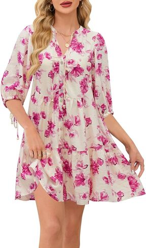 Women's Summer Beach Mini Dress Floral Boho Shift Dress Casual V Neck Puff Short Sleeve Flowy Button Down Dresses in Saudi Arabia
