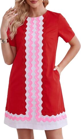Kedera Women's Summer Shift Dress Short Sleeve RIC Rac Trim Mini Dress Color Block A-Line Tunic Sundress Beach Vacation in Saudi Arabia