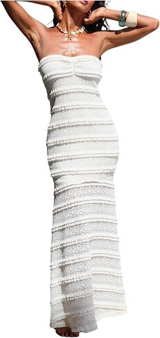RoseSeek Women's Lace Tube Maxi Dress Frill Trim Fishtail Strapless Summer Wedding Guest Dresses Sundress in Saudi Arabia
