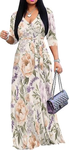 SUZONANA Plus Size Dresses for Women Floral Print Maxi Dress Flowy 3/4 Sleeve with Belt in Saudi Arabia