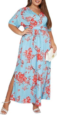 Keluummi Plus Size Maxi Dress for Women Floral Empire Waist V-Neck 3/4 Sleeve with Pockets in Saudi Arabia
