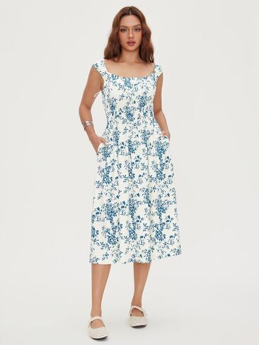 CIDER Women Summer Midi Dress Floral Square Neck Short Sleeve Casual Midi Dress with Pockets in Kuwait