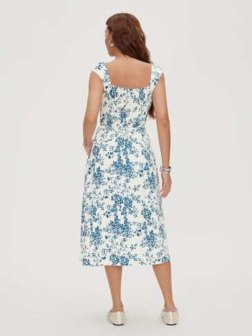CIDER Women Summer Midi Dress Floral Square Neck Short Sleeve Casual Midi Dress with Pockets in Kuwait