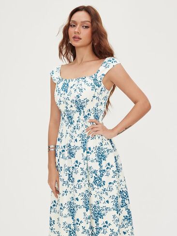 CIDER Women Summer Midi Dress Floral Square Neck Short Sleeve Casual Midi Dress with Pockets in Kuwait
