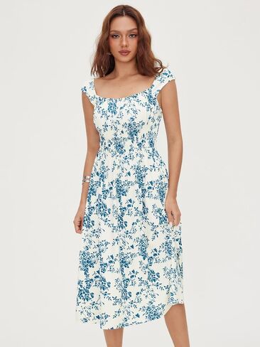 CIDER Women Summer Midi Dress Floral Square Neck Short Sleeve Casual Midi Dress with Pockets in Kuwait