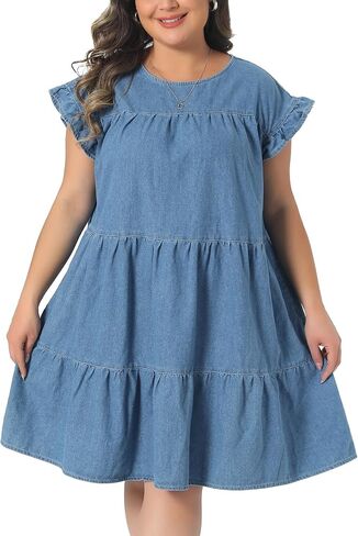 Agnes Orinda Plus Size Denim Dress for Women 2026 Summer Babydoll Ruffle Sleeve Loose Flowy Swing Pleated Jean Dresses in Saudi Arabia