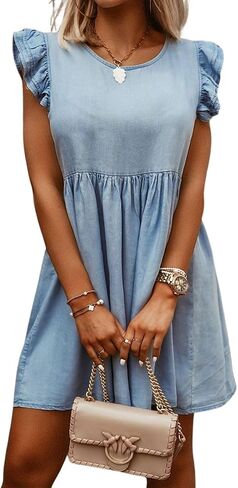 chouyatou Women's Denim Ruffle Flutter Sleeve Mini Dress Y2k Swing Baydoll Tunic Short Jean Dress in Saudi Arabia