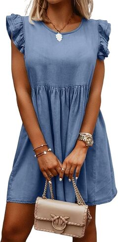 chouyatou Women's Denim Ruffle Flutter Sleeve Mini Dress Y2k Swing Baydoll Tunic Short Jean Dress in Kuwait