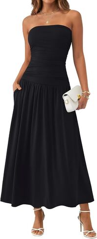 Trendy Queen Women Maxi Strapless Summer Tube Top Dress 2026 Ruched A Line Wedding Guest Long Sundress Spring Beach Outfit in Saudi Arabia