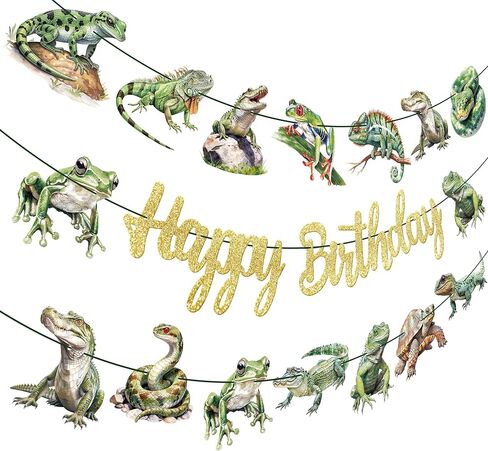3pcs Gold Glitter Reptile Happy Birthday Banners Frog Lizard Snake Pre-Assembled Garland for Reptile Themed Birthday Jungle Party Decorations in Saudi Arabia