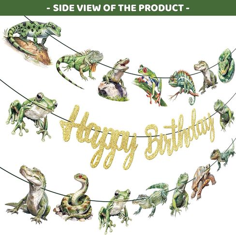 3pcs Gold Glitter Reptile Happy Birthday Banners Frog Lizard Snake Pre-Assembled Garland for Reptile Themed Birthday Jungle Party Decorations in Saudi Arabia