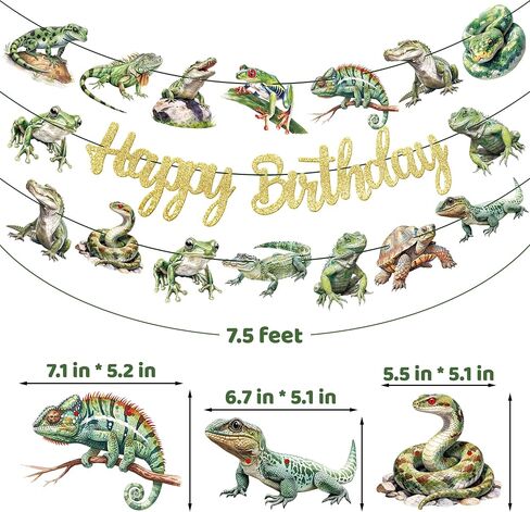 3pcs Gold Glitter Reptile Happy Birthday Banners Frog Lizard Snake Pre-Assembled Garland for Reptile Themed Birthday Jungle Party Decorations in Saudi Arabia