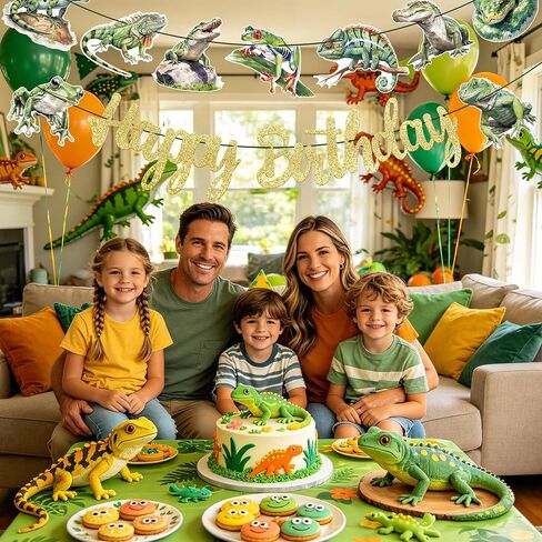 3pcs Gold Glitter Reptile Happy Birthday Banners Frog Lizard Snake Pre-Assembled Garland for Reptile Themed Birthday Jungle Party Decorations in Saudi Arabia