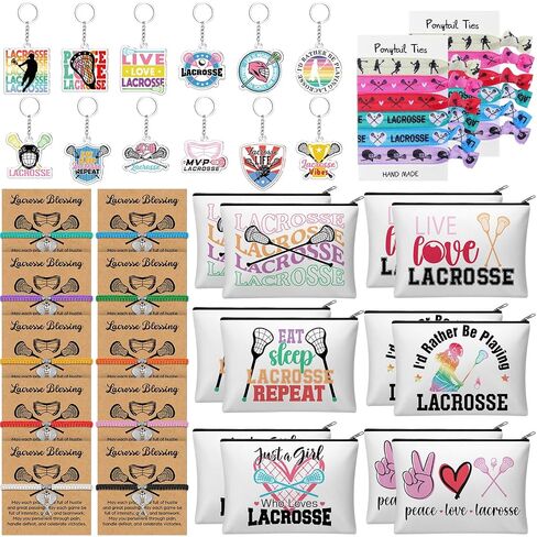 Shinylin 60 Pcs Lacrosse Gifts for Team Party Favors Include Sports Makeup Bag Keychain Bracelet Hair Elastic Lacrosse Accessories for Women Players Coaches Sports Lovers in Kuwait
