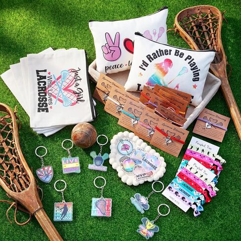 Shinylin 60 Pcs Lacrosse Gifts for Team Party Favors Include Sports Makeup Bag Keychain Bracelet Hair Elastic Lacrosse Accessories for Women Players Coaches Sports Lovers in Kuwait